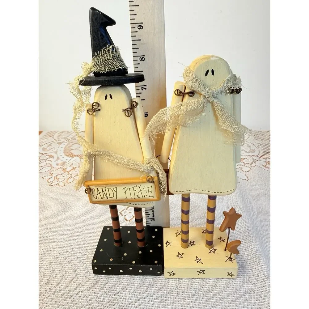 Collins Halloween Ghost Figurine Set of 2 Painted w/ “Candy Please” Sign